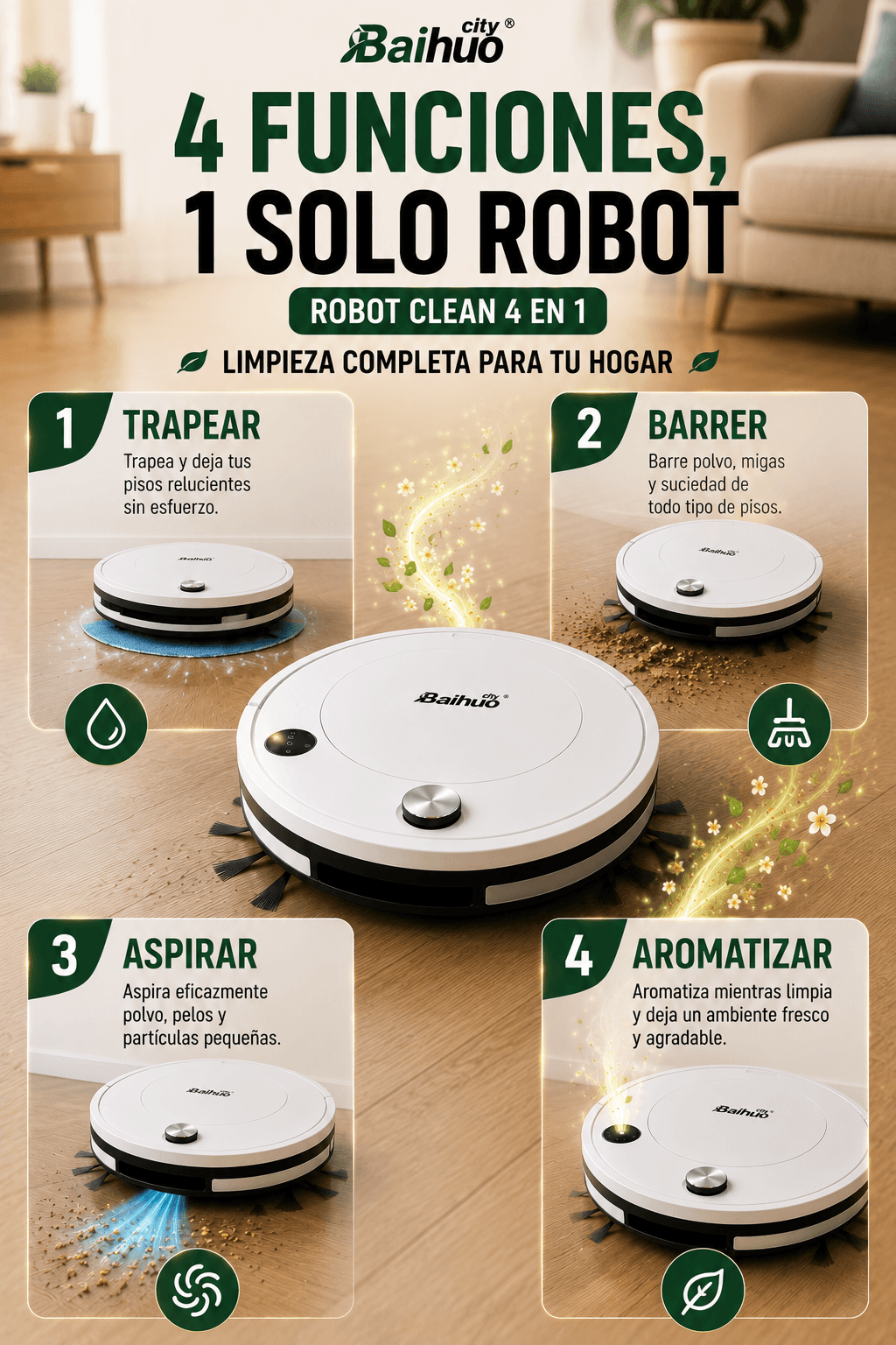 Robot aspiradora aromatizador 4 en 1 + 2 Limpiatodos+ Esencia aromatica 🎁
