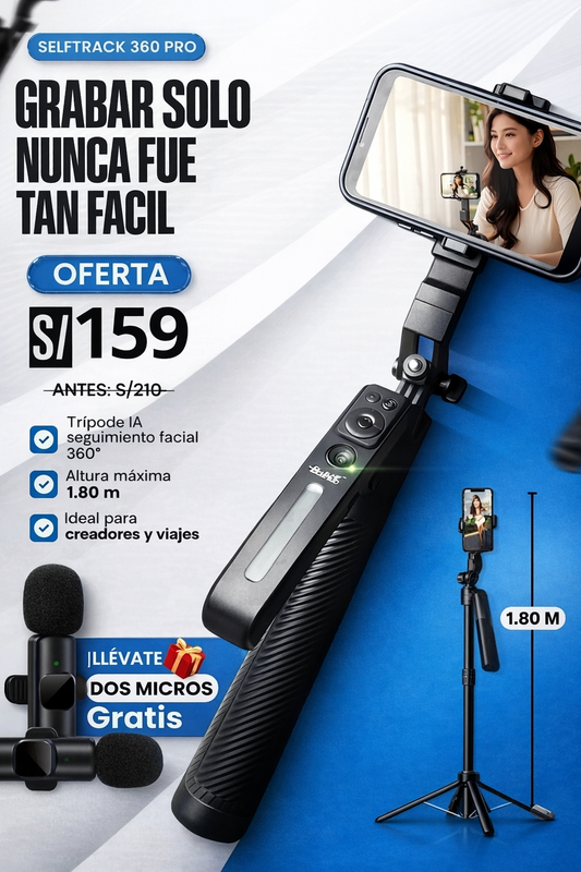 Selftrack 360 PRO: Tripode IA portatil +2 microfonos de regalo🎁+ luz led